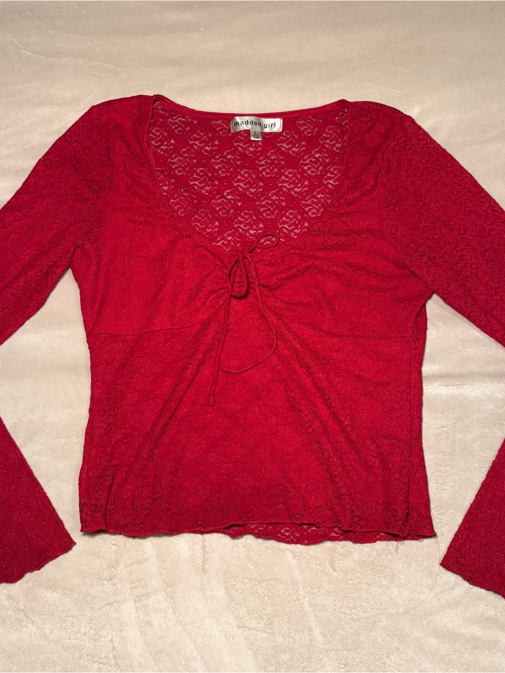 Madden Girl Red Lace Tie-Front Long Sleeve Top - Scoop Neck